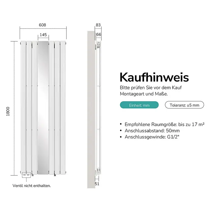 Emke Designheizkörper Doppellagig Vertikal - Wärmeleistung bei Vorlauftemperatur von 75 °C (D: 50): 1.788 W, Weiß - Weißer vertikaler Plattenheizkörper (1800x608x83mm) mit technischen Zeichnungen, Anschlussmaßen und empfohlener Raumgröße bis 17m².