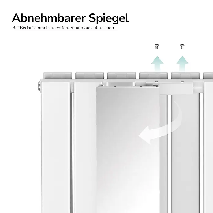 Emke Designheizkörper Doppellagig Vertikal - Wärmeleistung bei Vorlauftemperatur von 75 °C (D: 50): 1.788 W, Weiß - Weißes Modul mit herausnehmbarem Spiegel, der herausgeschoben wird. Pfeile zeigen die einfache Entnahme und den Austausch.