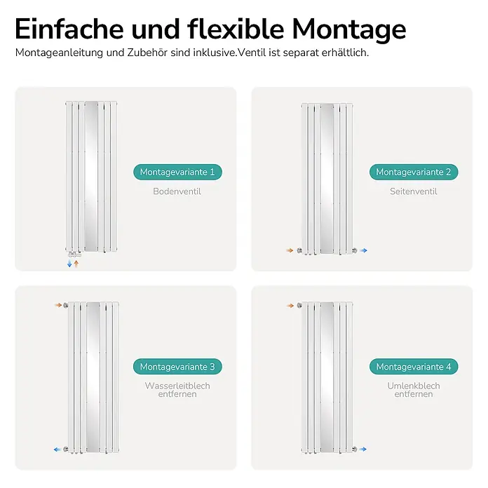 Emke Designheizkörper Doppellagig Vertikal - Wärmeleistung bei Vorlauftemperatur von 75 °C (D: 50): 1.788 W, Weiß - Weißer Plattenheizkörper mit vier verschiedenen Anschlussmöglichkeiten: Bodenventil, Seitenventil und Varianten mit entfernten Blechen.