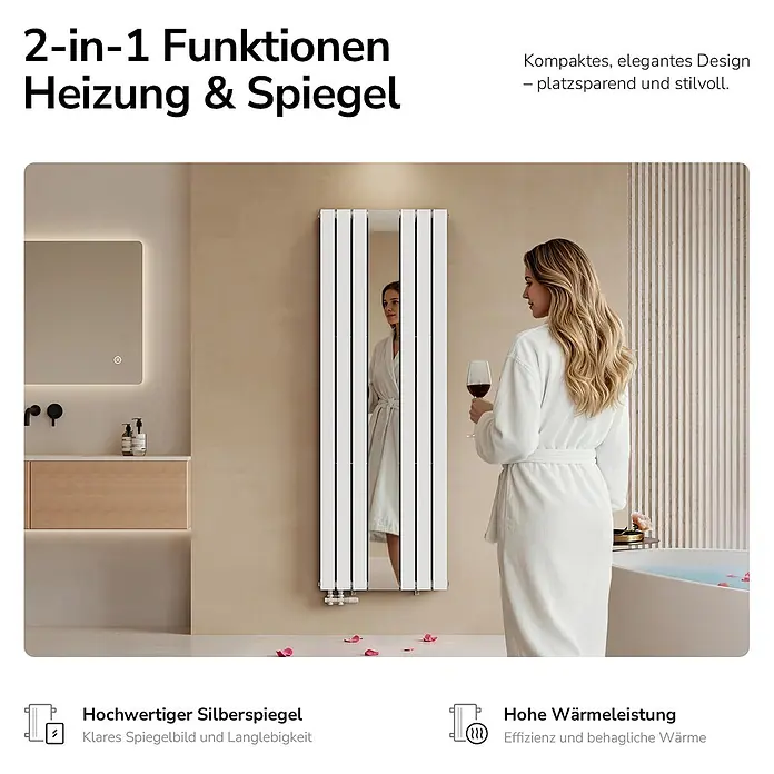 Emke Designheizkörper Doppellagig Vertikal - Wärmeleistung bei Vorlauftemperatur von 75 °C (D: 50): 1.788 W, Weiß - Weißer 2-in-1 Heizkörper mit Spiegel in einem modernen Badezimmer, der eine Frau reflektiert.