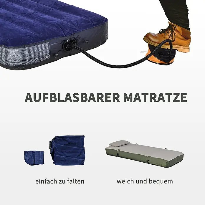 Outsunny Campingliege - Dunkelgrün, B x T: 86 x 193 cm, Polyester - Blaue Luftmatratze wird aufgepumpt. Sie ist auch gefaltet und eine separate graue Matratze entfaltet gezeigt. Einfach zu falten und bequem.