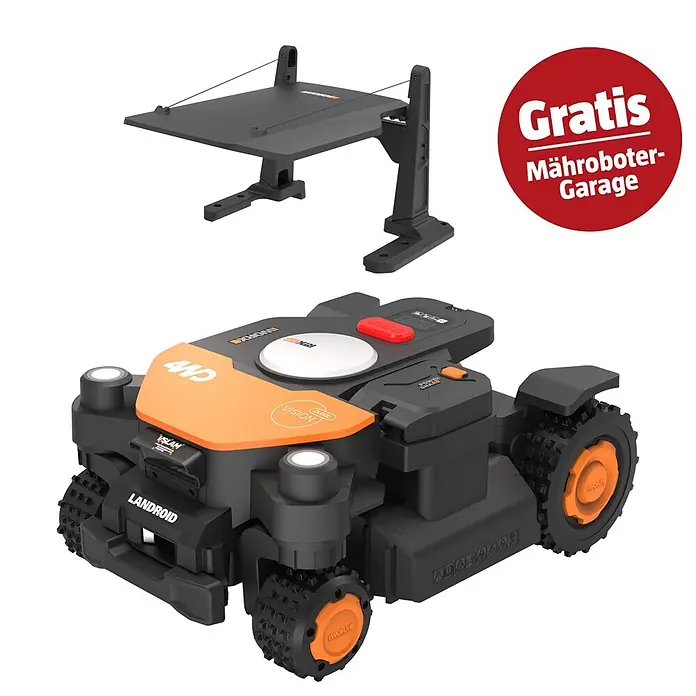 Worx PowerShare 20V Mähroboter-Set L2000 AWD Vision Cloud WR342E - 2.000 m², Schnittbreite: 22 cm, Satellitengestützte Navigation, RTK - Schwarz-orangefarbener Mähroboter mit passender schwarzer Garage. Rotes Etikett: 'Gratis Mähroboter-Garage'.