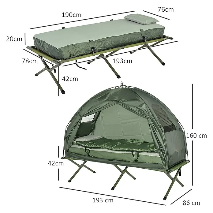 Outsunny Campingliege - Dunkelgrün, B x T: 86 x 193 cm, Polyester - Grünes Feldbett mit Matratze und Kissen, auch mit aufgesetztem grünem Zelt dargestellt. Maße wie 193cm Länge und 160cm Gesamthöhe sind angegeben.