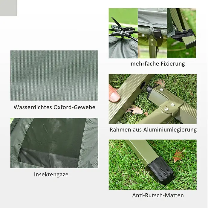 Outsunny Campingliege - Dunkelgrün, B x T: 86 x 193 cm, Polyester - Detailansichten von wasserdichtem Oxford-Gewebe, Insektengaze, Aluminiumrahmen mit mehrfacher Fixierung und Anti-Rutsch-Füßen einer Campingliege.
