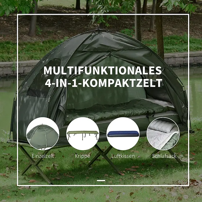 Outsunny Campingliege - Dunkelgrün, B x T: 86 x 193 cm, Polyester - Dunkelgrünes 4-in-1-Kompaktzelt mit Feldbett, Luftmatratze und Schlafsack, draußen aufgebaut.