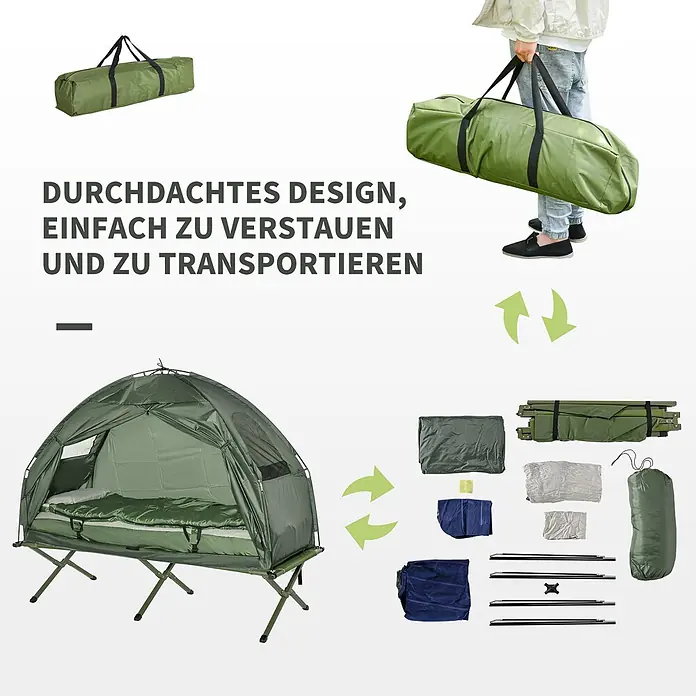 Outsunny Campingliege - Dunkelgrün, B x T: 86 x 193 cm, Polyester - Grünes Zeltbett lässt sich leicht in eine Tragetasche packen und transportieren, dann zu einem erhöhten Schlafplatz aufbauen.