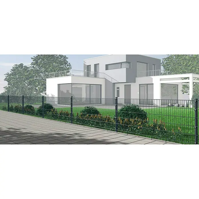 Hadra Mattenzaun - L x H: 2,5 x 1,03 m, Anthrazit - Ein stilvoller Doppelstabmattenzaun umgibt ein modernes Haus und bietet Sicherheit und Ästhetik für das Grundstück.