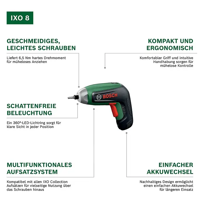 Bosch Akkuschrauber IXO 8 - 4 V, 1 Akku, 2 Ah, 6,5 Nm, 14 -tlg. - Grün-schwarzer Bosch IXO 8 Akkuschrauber mit rotem Abzug und integriertem Lichtring.