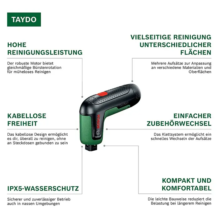 Bosch Akku-Reinigungsbürste Taydo Set - 3,6 V, 1 Akku, 15 -tlg. - Ein kompakter, grün-schwarzer elektrischer Handreinigungsbürste mit rotem Einschaltknopf, für vielseitige Reinigung.