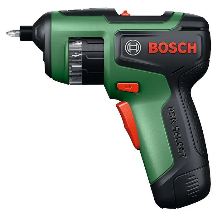 Bosch Akkuschrauber PSR Select - 3,6 V, 1 Akku, 2 Ah, 4,5 Nm - Grüner und schwarzer Bosch PSR Select Akku-Schrauber mit integriertem Bithalter und sichtbarem Stern-Bit.