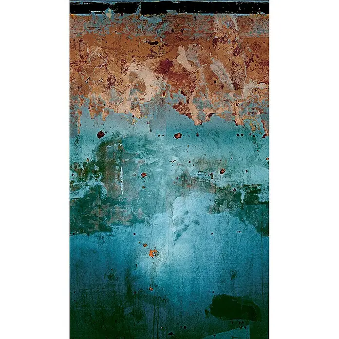 Marburg Fototapete Steinoptik - B x H: 159 mm x 270 cm, Vlies, Blau-Rot - Abgenutzte Wand mit abblätternder Farbe in Schichten von Braun, Türkis und Dunkelgrün, mit Rost und Textur.
