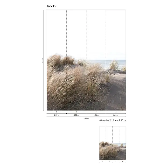 Marburg Smart Art Easy Fototapete Floral IV - B x H: 212 x 270 cm, Vlies - Vierteilige Fototapete (2,12m x 2,70m) mit Dünenlandschaft und Meer am Strand.