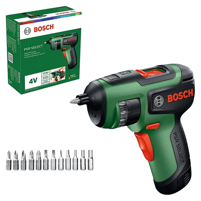 Bosch Akkuschrauber PSR Select - 3,6 V, 1 Akku, 2 Ah, 4,5 Nm - Grün-schwarzer Bosch PSR Select Akku-Schrauber mit Verpackung und Schrauberbits-Set.