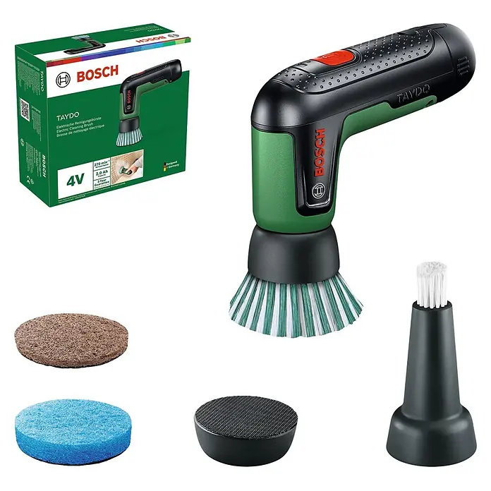 Bosch Akku-Reinigungsbürste Taydo - 3,6 V, 1 Akku, 6 -tlg. - Ein grüner und schwarzer Bosch Elektroschrubber mit Box und vier Reinigungsaufsätzen: Rundbürste, Konus-Bürste, Scheuerschwamm und Schwamm.