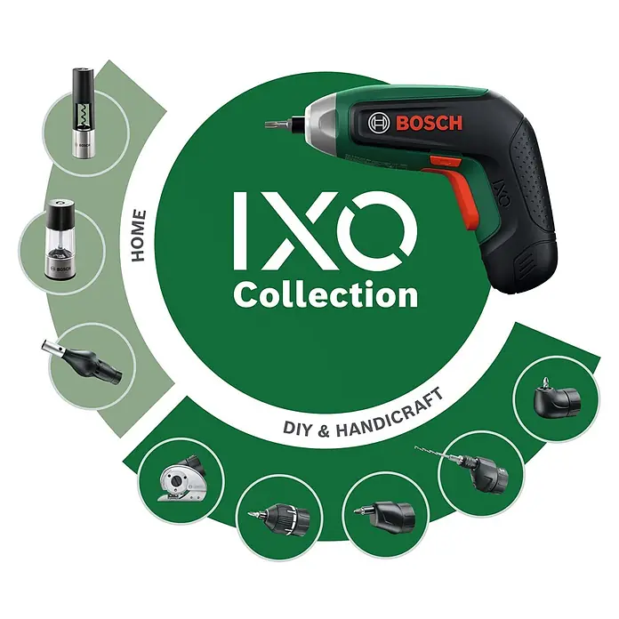 Bosch Akkuschrauber IXO 8 - 4 V, 1 Akku, 2 Ah, 6,5 Nm, 14 -tlg. - Grüner und schwarzer Bosch IXO Akku-Schrauber mit verschiedenen Aufsätzen für Haus- und Heimwerkerarbeiten.