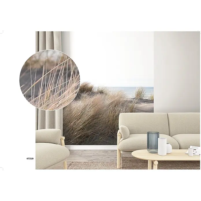 Marburg Smart Art Easy Fototapete Floral IV - B x H: 212 x 270 cm, Vlies - Wandtapete mit einer ruhigen Strandszene, Sanddünen und Meer, die ein modernes Wohnzimmer verschönert.
