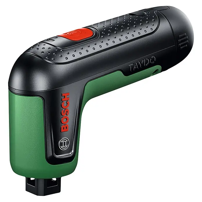 Bosch Akku-Reinigungsbürste Taydo Set - 3,6 V, 1 Akku, 15 -tlg. - Grün-schwarzer Bosch Akku-Schrauber mit rotem Auslöseknopf.