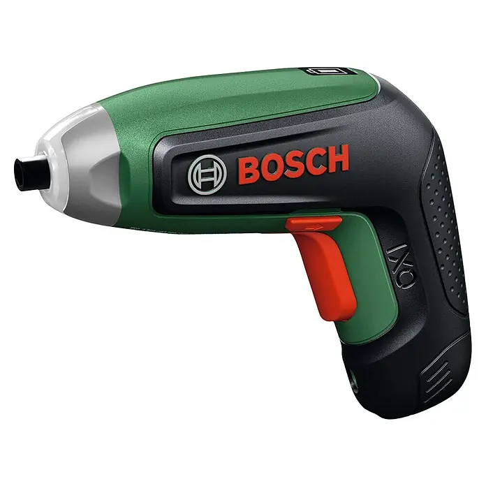 Bosch Akkuschrauber IXO 8 - 4 V, 1 Akku, 2 Ah, 6,5 Nm, 12 -tlg. - Grüner und schwarzer Bosch IXO Akkuschrauber mit rotem Abzug und silbergrauem Vorderteil.