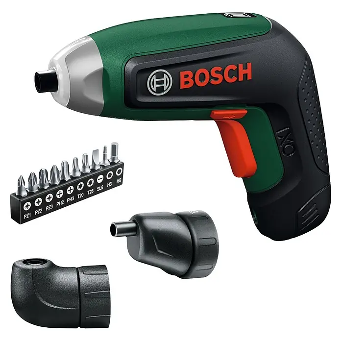 Bosch Akkuschrauber IXO 8 - 4 V, 1 Akku, 2 Ah, 6,5 Nm, 14 -tlg. - Grün-schwarzer Bosch IXO Akkuschrauber mit einem Satz Bits und zwei schwarzen Aufsätzen, einem Winkel- und einem Exzenteraufsatz.