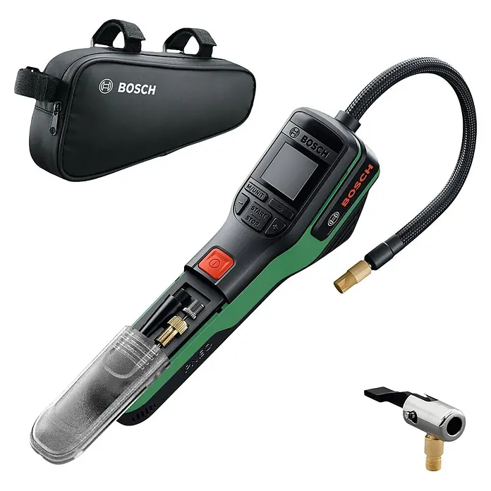 Bosch Akku-Luftpumpe Pneo - 3,6 V, Max. Druck: 10,3 bar, Inkl. Fahrradtasche - Schwarz-grüne Bosch Elektroluftpumpe mit Schlauch, Tragetasche und Metalladapter.