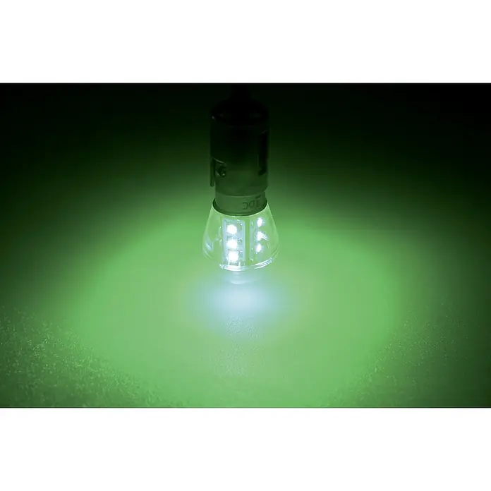 Talamex LED-Navigationsleuchtmittel für Boote - 0,9 W, 10 V - 30 V, Lichtfarbe: Grün - Nahaufnahme einer grünen LED-Lampe. Sie leuchtet hell und wirft einen grünen Schein auf die Oberfläche darunter.