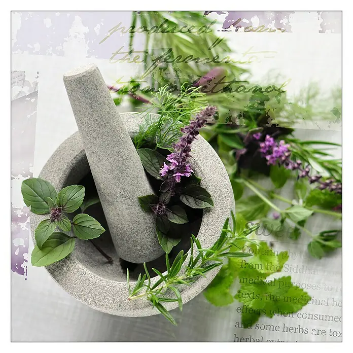 ProArt Leinwandbild Konventionel - Herbage Pestle II, B x H: 30 x 30 cm - Nahaufnahme eines Granitmörsers mit Stößel voller frischer Kräuter, die die natürliche Gesundheit und traditionelle Medizin fördern.