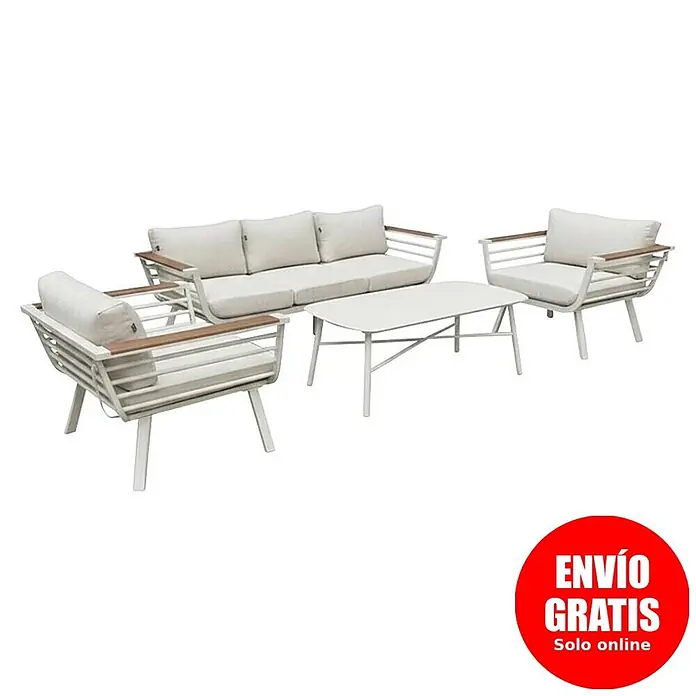Kactus republic Conjunto de muebles Toronto - 4 pzs., Aluminio/Madera sintética, Blanco - Conjunto de muebles de jardín de metal blanco con reposabrazos de madera y cojines crema: sofá 3 plazas, dos sillones y mesa de centro.