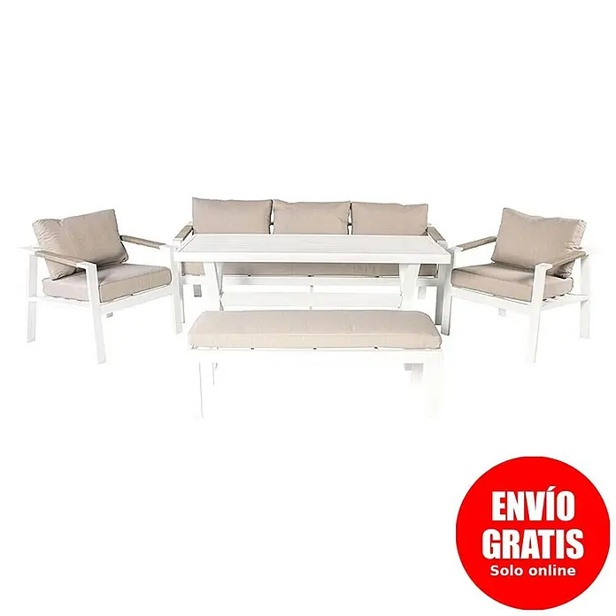 Kactus republic Conjunto de muebles Ímola - 5 pzs., Aluminio/Olefina, Blanco - Conjunto de comedor exterior blanco con cojines beige: sofá, dos sillones, mesa y banco.
