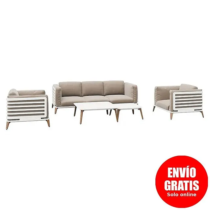 Kactus republic Conjunto de muebles Ferrari - 4 pzs., Aluminio/Madera sintética, Blanco - Conjunto lounge exterior: sofá de tres plazas, dos sillones y mesa de centro. Cojines marrones claros, marcos de lamas blancos, patas de madera.