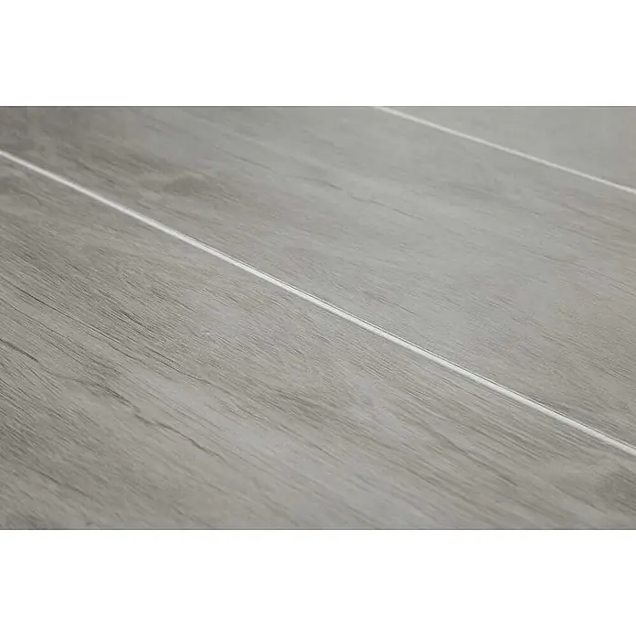 Ebuy24 Gartentisch Martinus - L x B x H: 100 x 210 x 75 cm, Ø x H: 210 x 75 cm, Aluminium Nonwood, Sonstige, Grau - Grauer Holzoptik-Bodenbelag mit hellen, kontrastierenden Fugen.