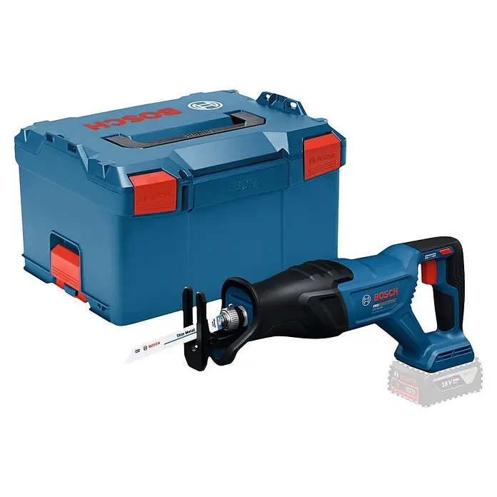 Bosch Professional AMPShare 18V Akku-Säbelsäge GSA18V-280 - 18 V, Ohne Akku, Leerlaufhubzahl: 0 /min - 3.100 /min, Inkl. L-Boxx - Blaue Bosch Säbelsäge mit Metallsägeblatt neben einem blauen Bosch L-Boxx Koffer.