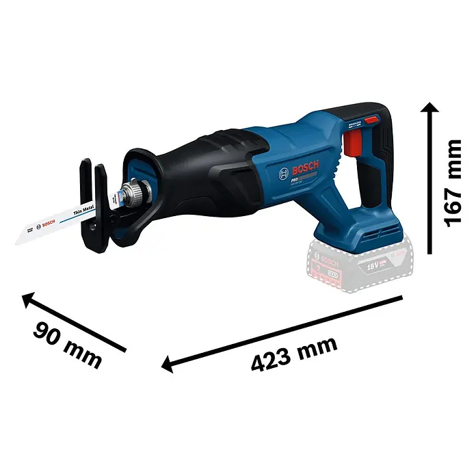 Bosch Professional AMPShare 18V Akku-Säbelsäge GSA18V-280 - 18 V, Ohne Akku, Leerlaufhubzahl: 0 /min - 3.100 /min, Inkl. L-Boxx - Blau-schwarze Bosch GSA 18V-280 Akku-Säbelsäge mit 18V Akku und "Thin Metal" Sägeblatt.