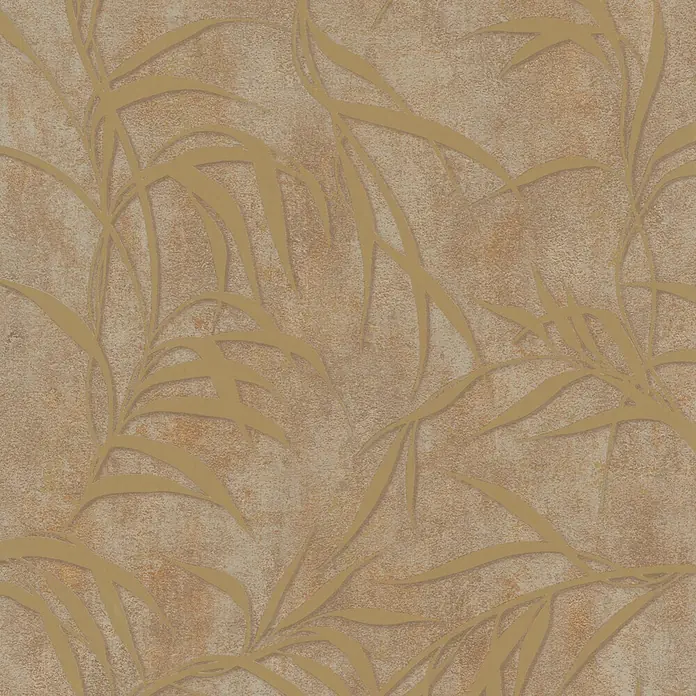 Marburg City Glow Vliestapete Uni II - Braun-Gold, Uni, 10,05 x 0,53 m - Gemusterte Tapete mit abstrakten goldbraunen Blättern auf strukturiertem, erdfarbenem Hintergrund.