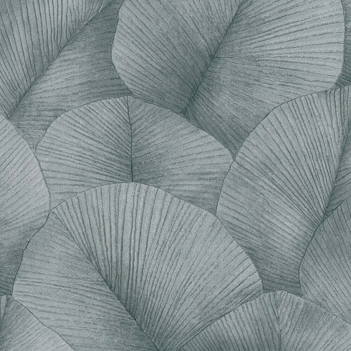 Marburg Kumano Vliestapete Floral - Silber, Floral, 10,05 x 0,53 m - Nahtloses Muster aus überlappenden graugrünen Blättern mit Rippenstruktur.