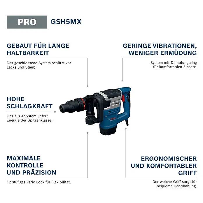Bosch Professional Schlaghammer GSH5MX - 1.100 W, 7,8 J, Max. Schlagzahl: 2.900 U/min - Blauer und schwarzer Bosch GSH5MX Profi-Meißelhammer mit silbernen Akzenten.