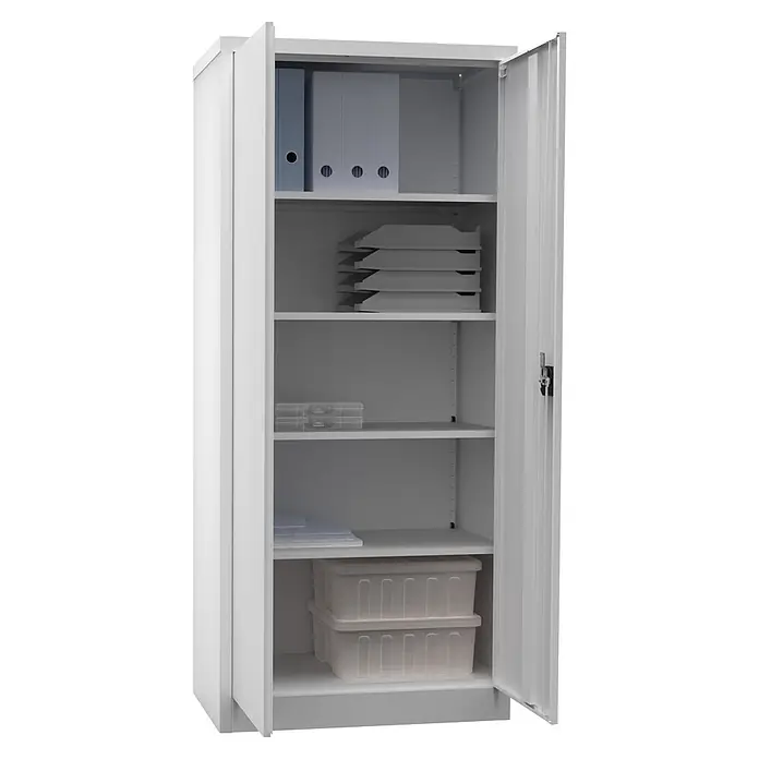 Regalux Metall-Mehrzweckschrank - H x B x T: 180 x 80 x 41 cm, Grau, Anzahl Böden: 4 Stk. - Offener weißer Metall-Büroschrank mit Regalböden, gefüllt mit Aktenordnern, Briefablagen und Aufbewahrungsboxen.