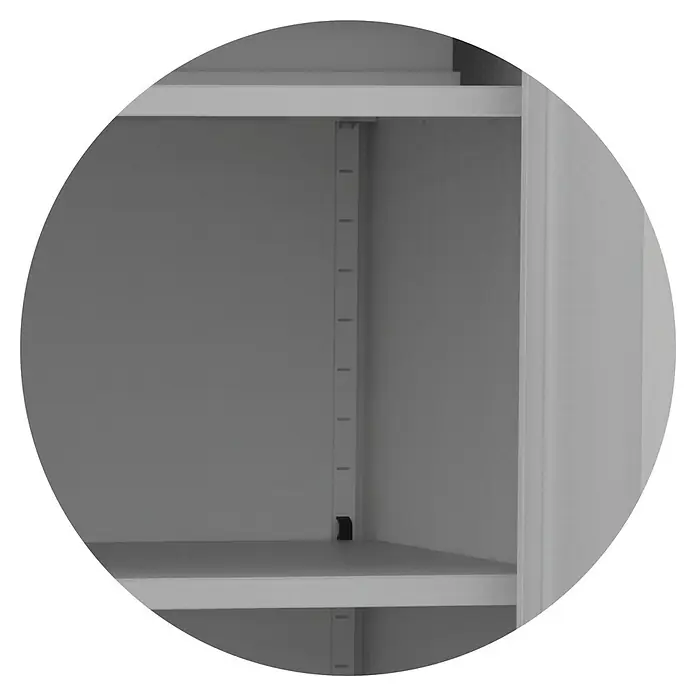 Regalux Metall-Mehrzweckschrank - H x B x T: 180 x 80 x 41 cm, Schwarz, Anzahl Böden: 4 Stk. - Innenansicht eines grauen Metallschranks mit verstellbaren Regalböden.