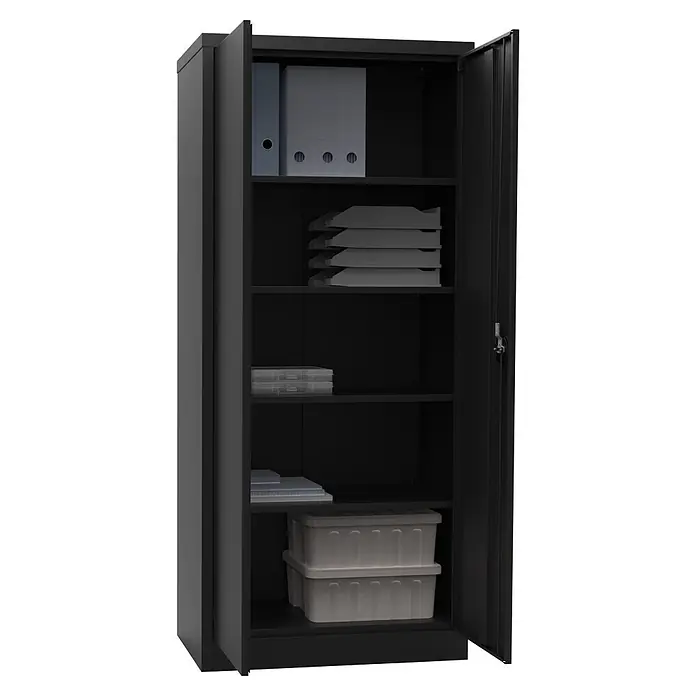 Regalux Metall-Mehrzweckschrank - H x B x T: 180 x 80 x 41 cm, Schwarz, Anzahl Böden: 4 Stk. - Schwarzer Metall-Aktenschrank mit offener Tür, dahinter Regale mit Ordnern, Papierfächern und Aufbewahrungsboxen.