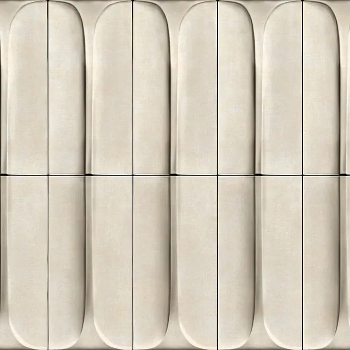Marburg Shades Iconic Vliestapete Grafik III - Beige, Grafisch, 10,05 x 0,53 m - Hellbeiges, strukturiertes Wandpaneel mit vertikalen, abgerundeten Bogendesigns, getrennt durch schwarze Linien, die ein dekoratives Rillenmuster bilden.