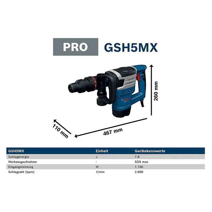 Bosch Professional Schlaghammer GSH5MX - 1.100 W, 7,8 J, Max. Schlagzahl: 2.900 U/min - Blauer und silberner Bosch GSH5MX Bohrhammer mit Maßen und technischen Daten.