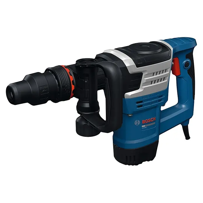 Bosch Professional Schlaghammer GSH5MX - 1.100 W, 7,8 J, Max. Schlagzahl: 2.900 U/min - Ein blauer und schwarzer Bosch Bohrhammer mit silbernen Akzenten und Zusatzhandgriff, bereit für schwere Bohr- und Meißelarbeiten.