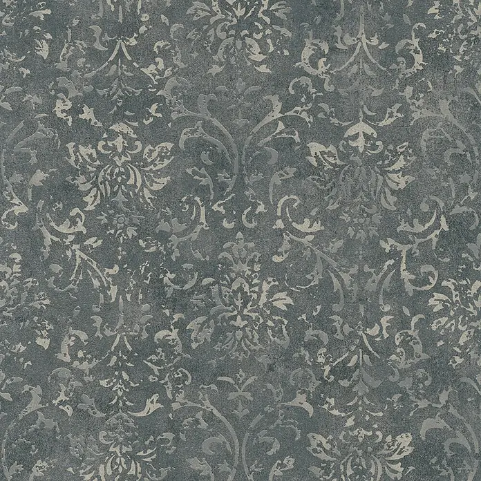 Marburg City Glow Vliestapete Ornamental - Schwarz-Silber, Ornament, 10,05 x 0,53 m - Abgenutzte dunkelgraue Oberfläche mit schimmerndem, strukturiertem silbernem Damastmuster.