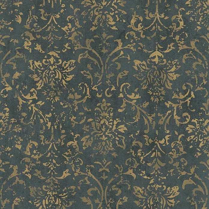 Marburg City Glow Vliestapete Ornamental - Schwarz-Gold, Ornament, 10,05 x 0,53 m - Dunkelgraue Oberfläche mit abgenutztem goldenem Ornamentmuster.