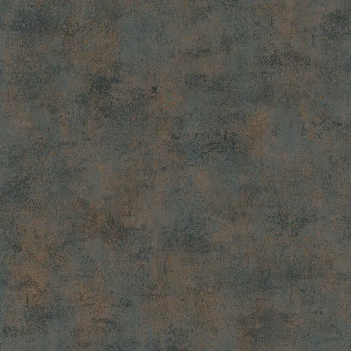Marburg City Glow Vliestapete Uni - Schwarz-Gold, Uni, 10,05 x 0,53 m - Dunkle, verwitterte Metalltextur mit blaugrauen Tönen und rostbraunen Flecken.