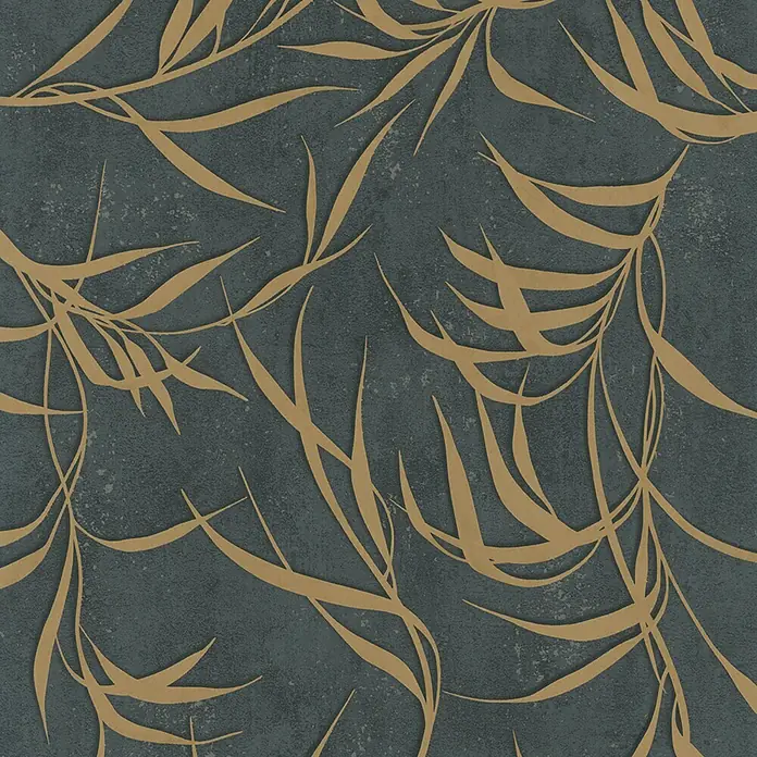Marburg City Glow Vliestapete Uni II - Schwarz-Gold, Uni, 10,05 x 0,53 m - Dunkelgraue Texturoberfläche mit fließendem goldenem Blätterdesign.