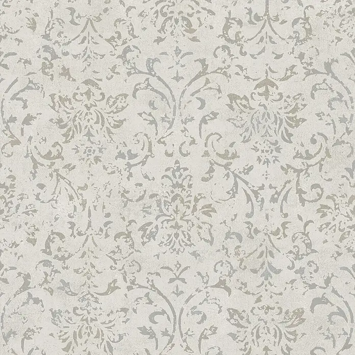 Marburg City Glow Vliestapete Ornamental - Beige, Ornament, 10,05 x 0,53 m - Abgenutztes hellgraues Damastmuster auf hellem, strukturiertem Hintergrund.