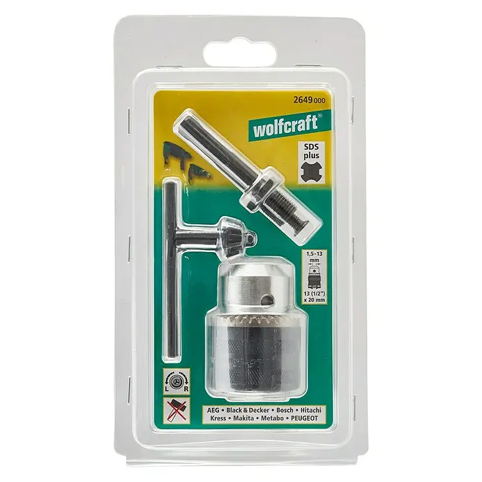 Wolfcraft Bohrfutter-Set - 3 -tlg. - Wolfcraft SDS-Plus Bohrfutter mit T-Schlüssel und Adapter für Bohrmaschinen mit SDS-Plus Aufnahme. Ideal für präzise Bohrarbeiten.