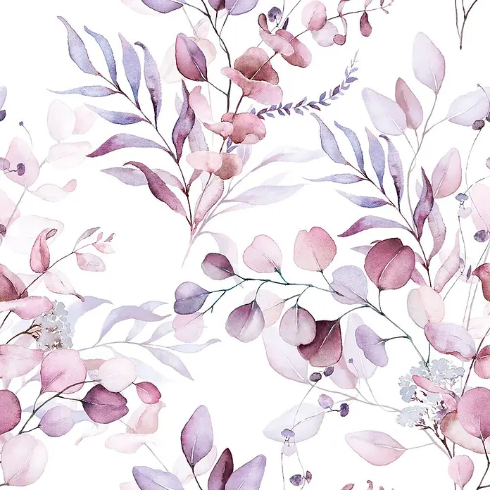 Marburg Novamur Plus Fresh UP Vliestapete Floral VI - Weiß-Rot, Floral, 10,05 x 0,53 m - Aquarellmuster mit transparenten rosa, lila und blauen Eukalyptusblättern und zarten floralen Elementen.