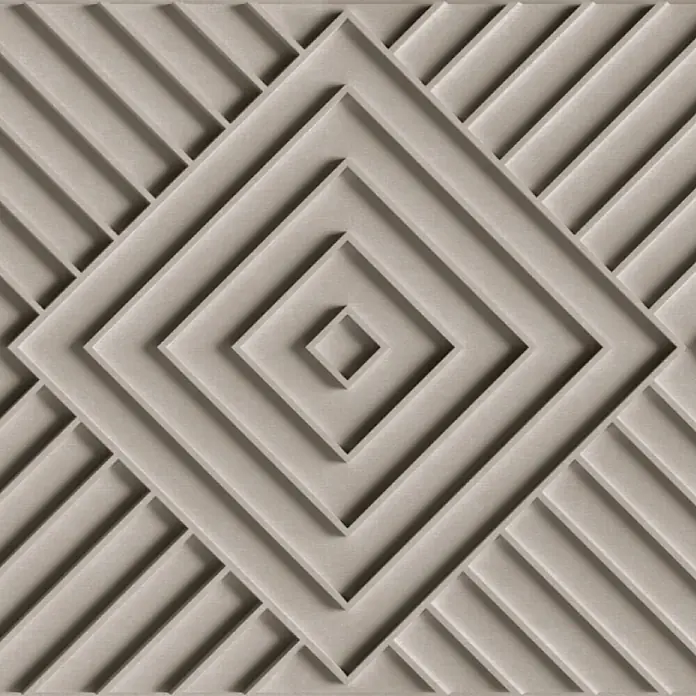 Marburg Shades Iconic Vliestapete Grafik IV - Grau-Beige, Grafisch, 10,05 x 0,53 m - Strukturierte hellbeige geometrische Reliefplatte mit verschachtelten Rautenmustern und diagonalen Linien.