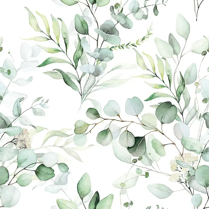 Marburg Novamur Plus Fresh UP Vliestapete Floral VI - Weiß-Grün, Floral, 10,05 x 0,53 m - Nahtloses Aquarellmuster mit grünem Eukalyptus und verschiedenen Blättern.